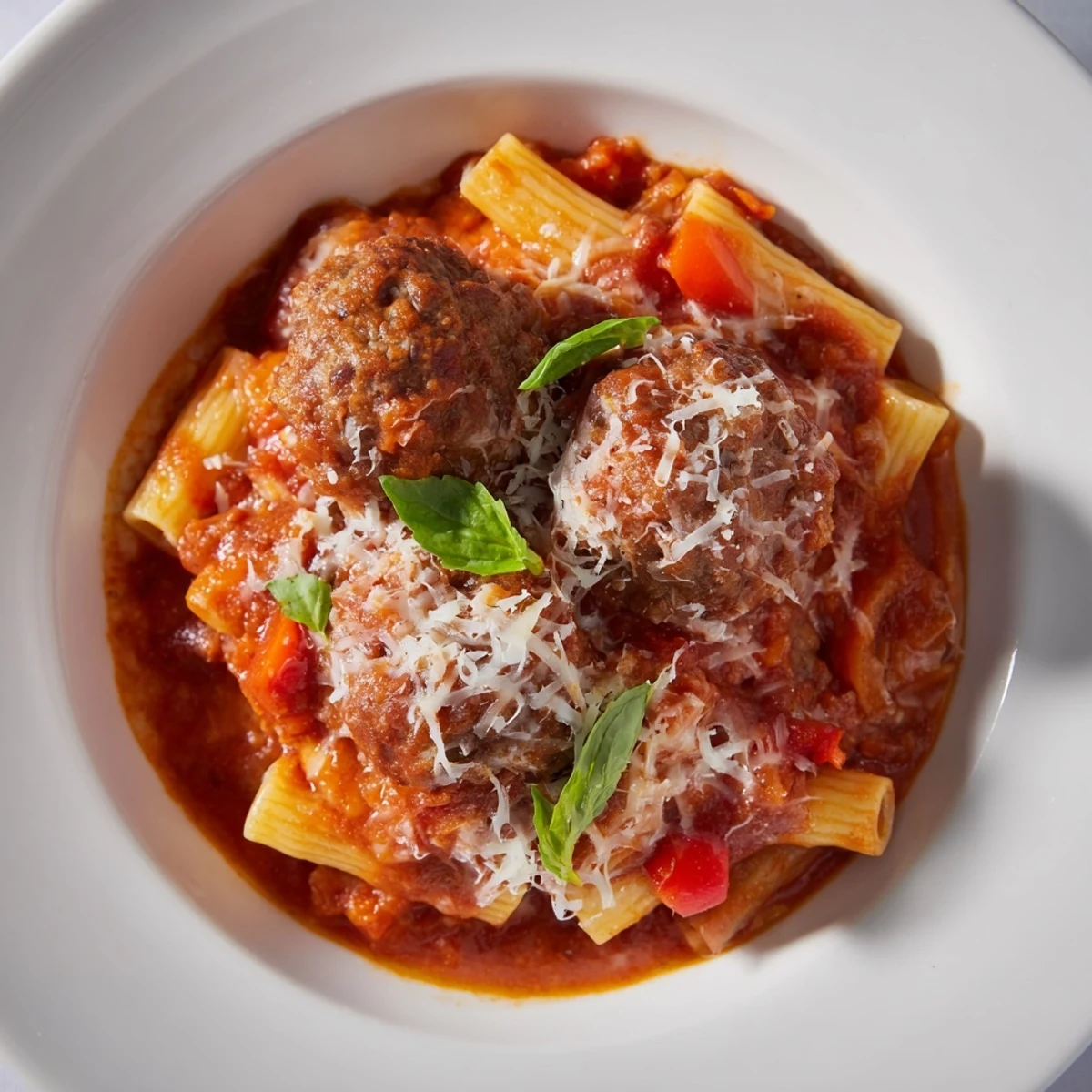 Italian Meatball Pasta Skillet: A bubbling one-pan meal with melted cheese and savory meatballs.