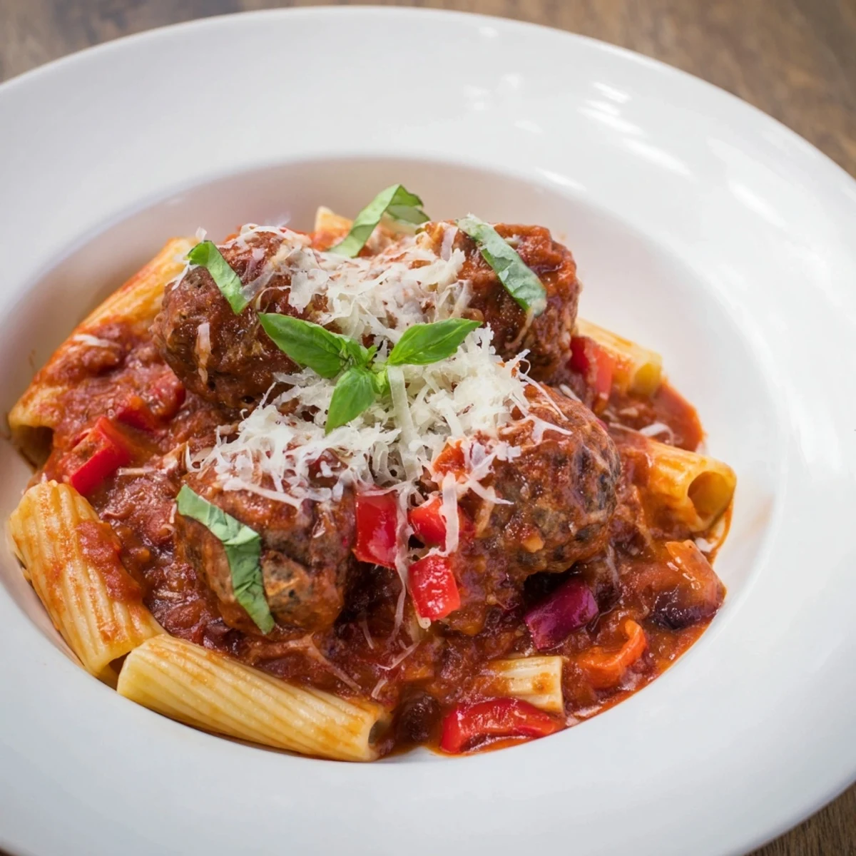 Italian Meatball Pasta Skillet: Close-up photo showing perfectly browned meatballs nestled in tomato sauce.