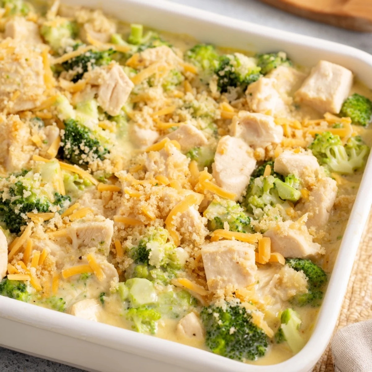 Creamy Chicken & Broccoli Cheddar Bake, baked until bubbly, topped with golden, melted cheddar cheese.