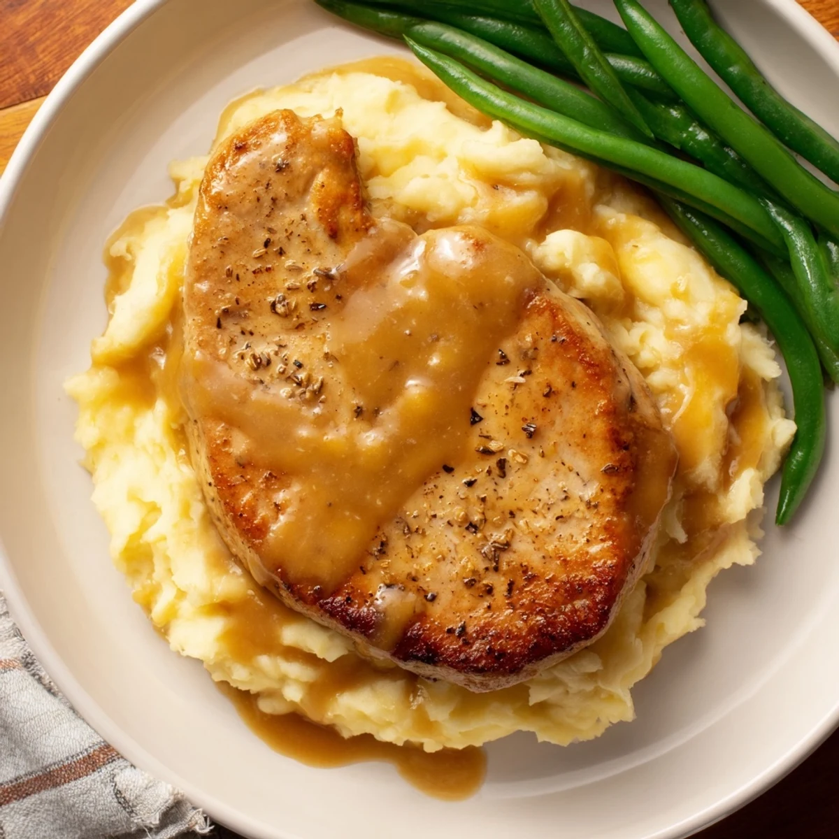 Juicy pork chops & cheddar mash bowl with creamy potatoes, savory gravy, and tender green beans.