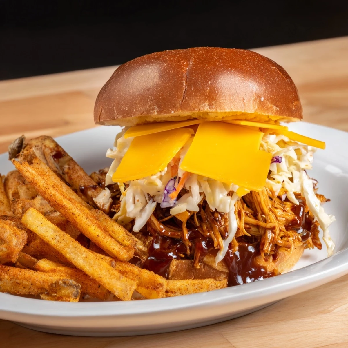 Golden-brown BBQ Chicken Sliders piled high, alongside a mountain of perfectly crisp, seasoned fries.