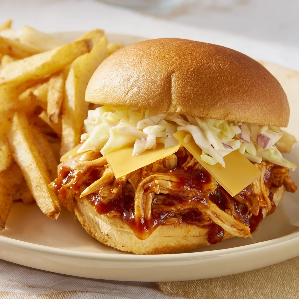 Savory BBQ Chicken Sliders with melted cheese, filled with tender chicken, served hot with crispy fries.