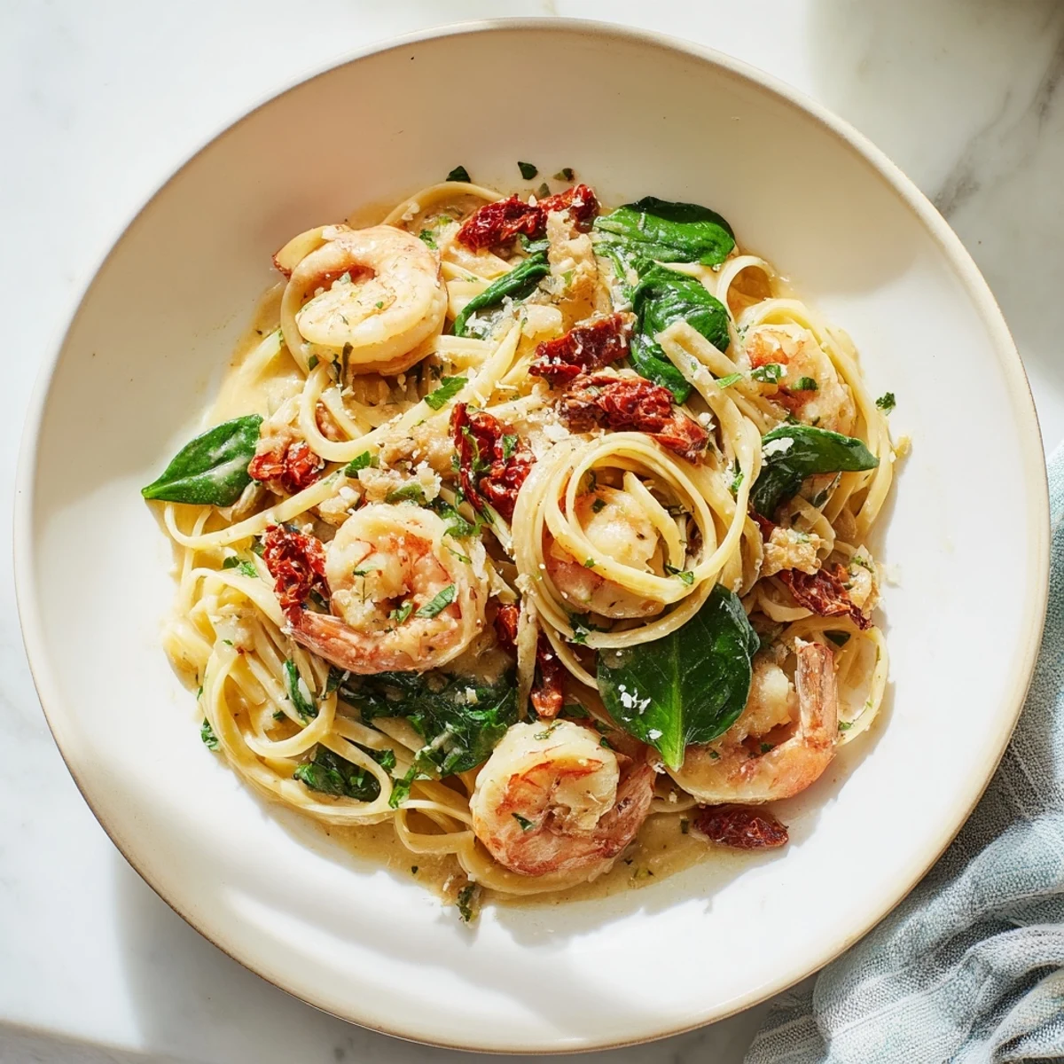 A close-up of creamy Tuscan Garlic Shrimp Pasta, brimming with sun-dried tomatoes and spinach.