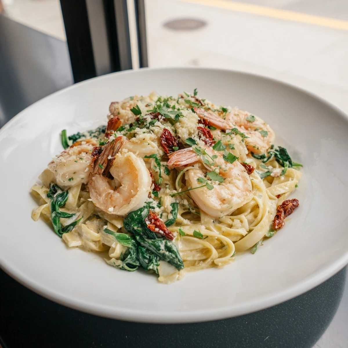 This Tuscan Garlic Shrimp Pasta features plump shrimp in a rich, Parmesan-infused sauce.