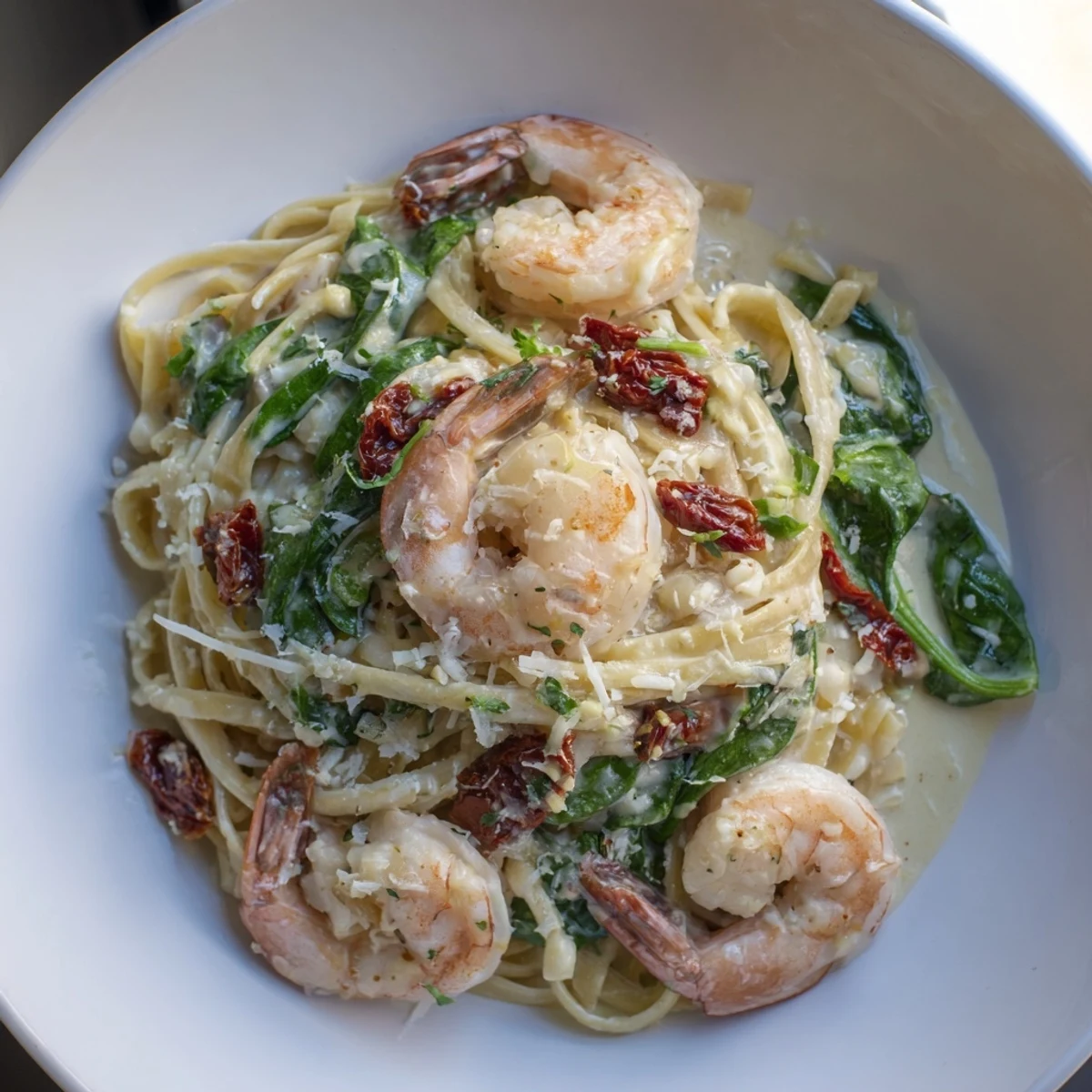 Steaming bowl of Tuscan Garlic Shrimp Pasta, garnished with fresh parsley for an Italian meal.