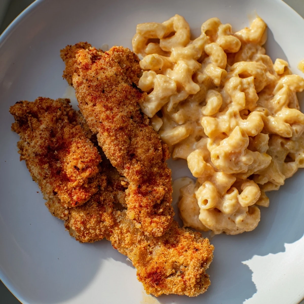 Golden, crispy chicken tenders and creamy macaroni and cheese, a comforting American classic meal.