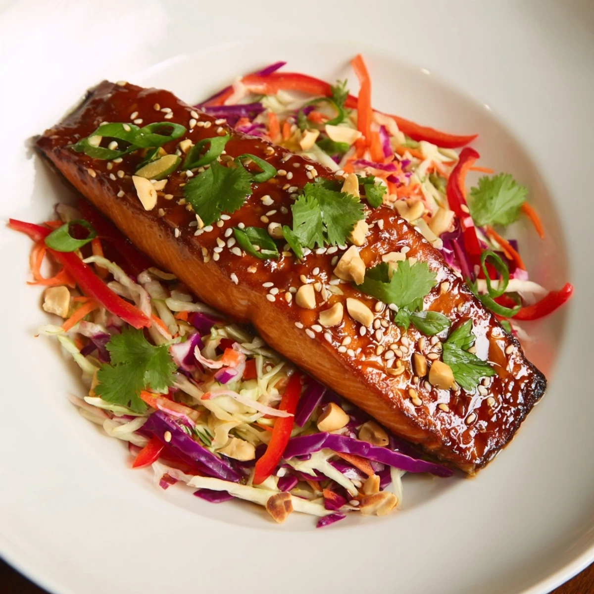 Delicious teriyaki salmon, glistening with glaze, served in a vibrant Asian slaw bowl.