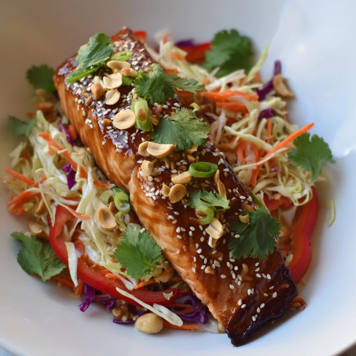 Savory teriyaki salmon atop a colorful slaw, a quick and satisfying Asian-inspired bowl.