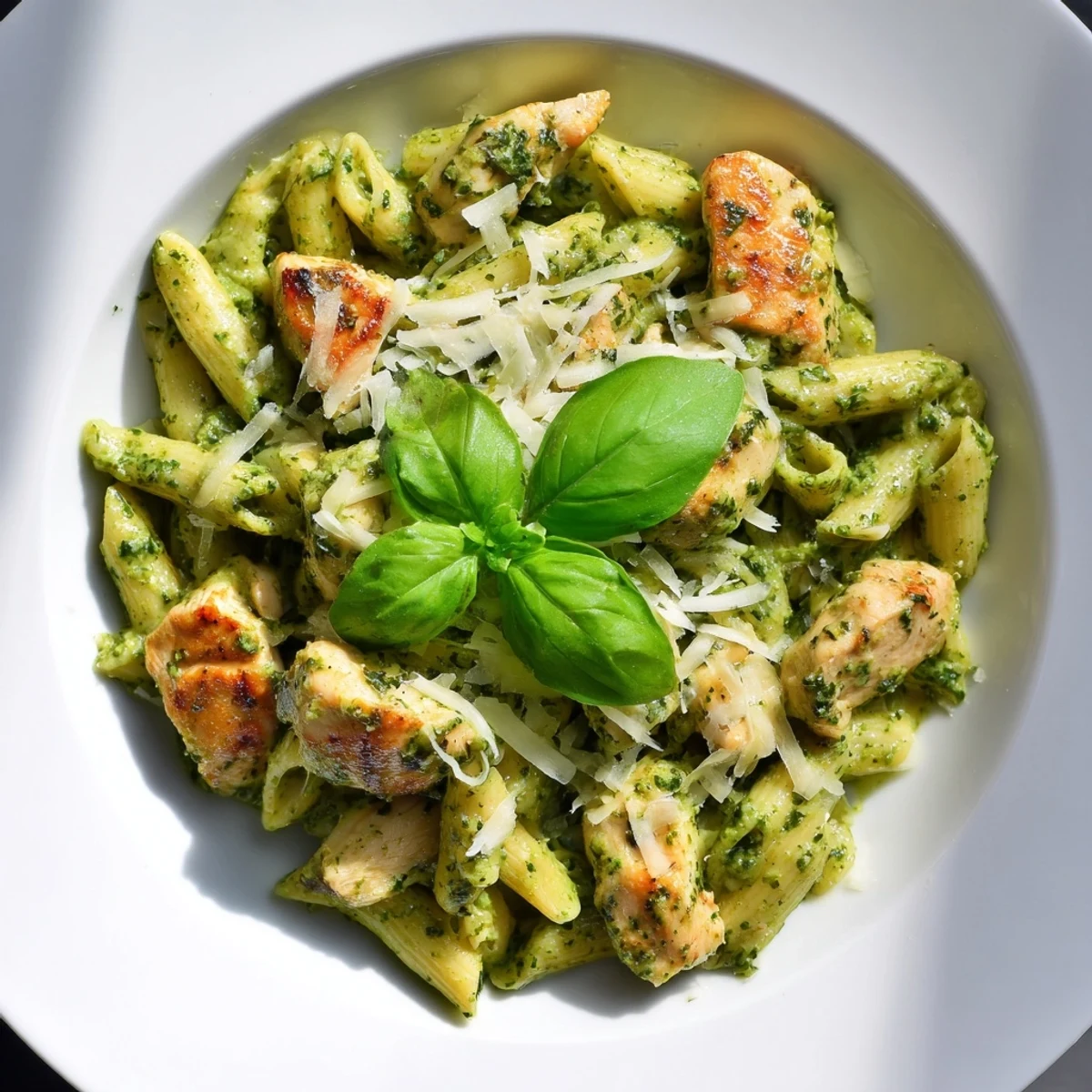 Creamy pesto penne & chicken, a warm, inviting bowl of pasta with tender chicken and Parmesan cheese.