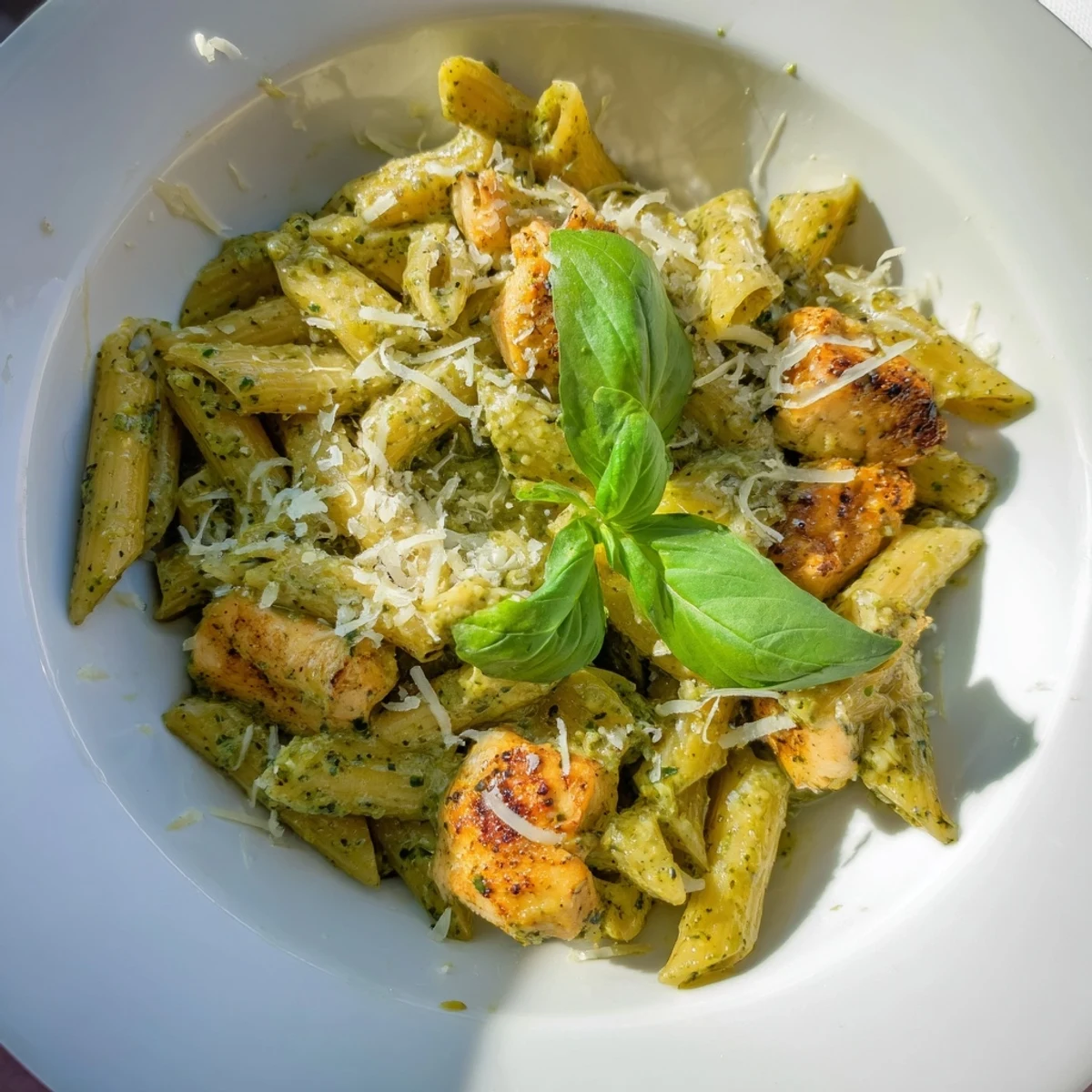 Golden chicken pieces and penne pasta swimming in a vibrant green creamy pesto sauce.