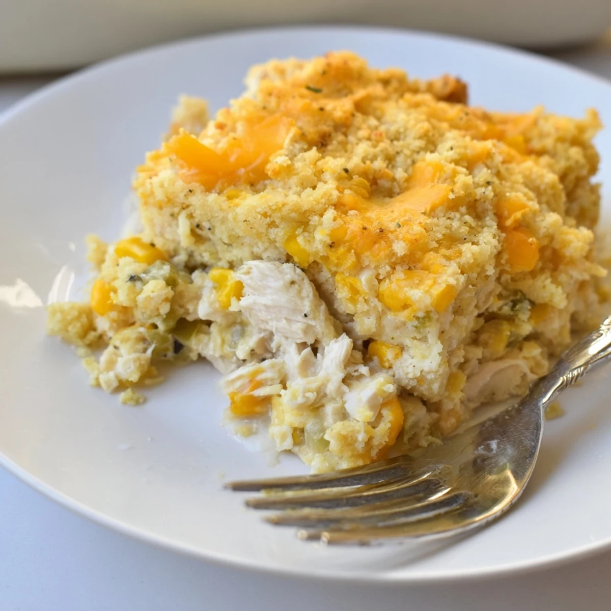 Southern Cornbread Chicken Casserole with a golden crust, perfect for a cozy family meal.