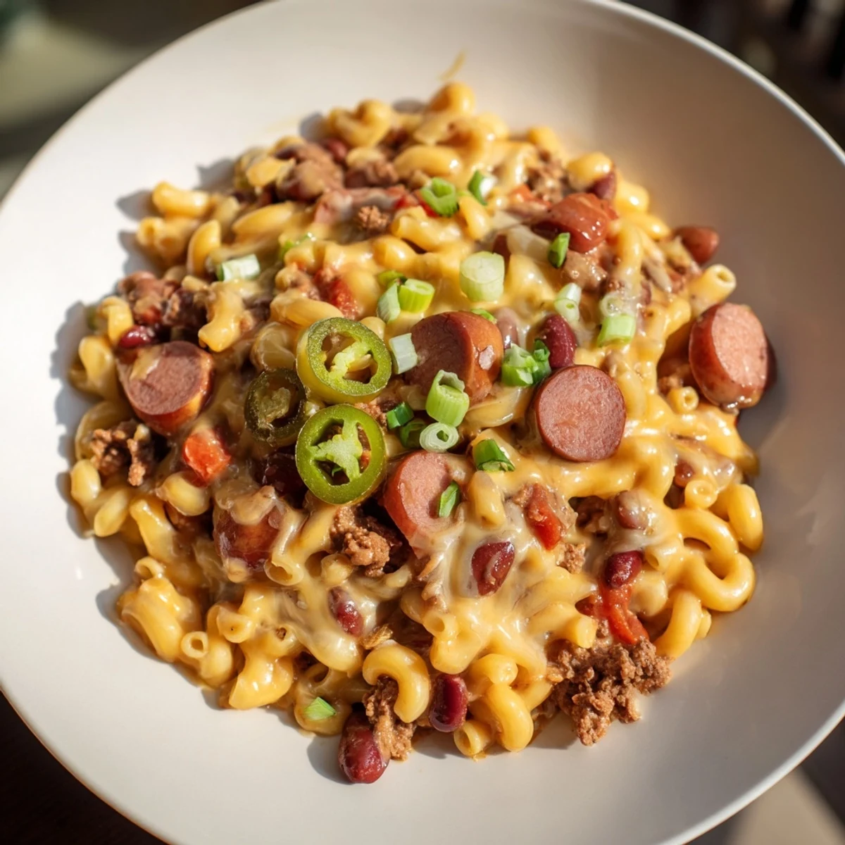 A gooey, baked skillet of Chili Cheese Dog Mac & Cheese with melted cheese oozing on top.