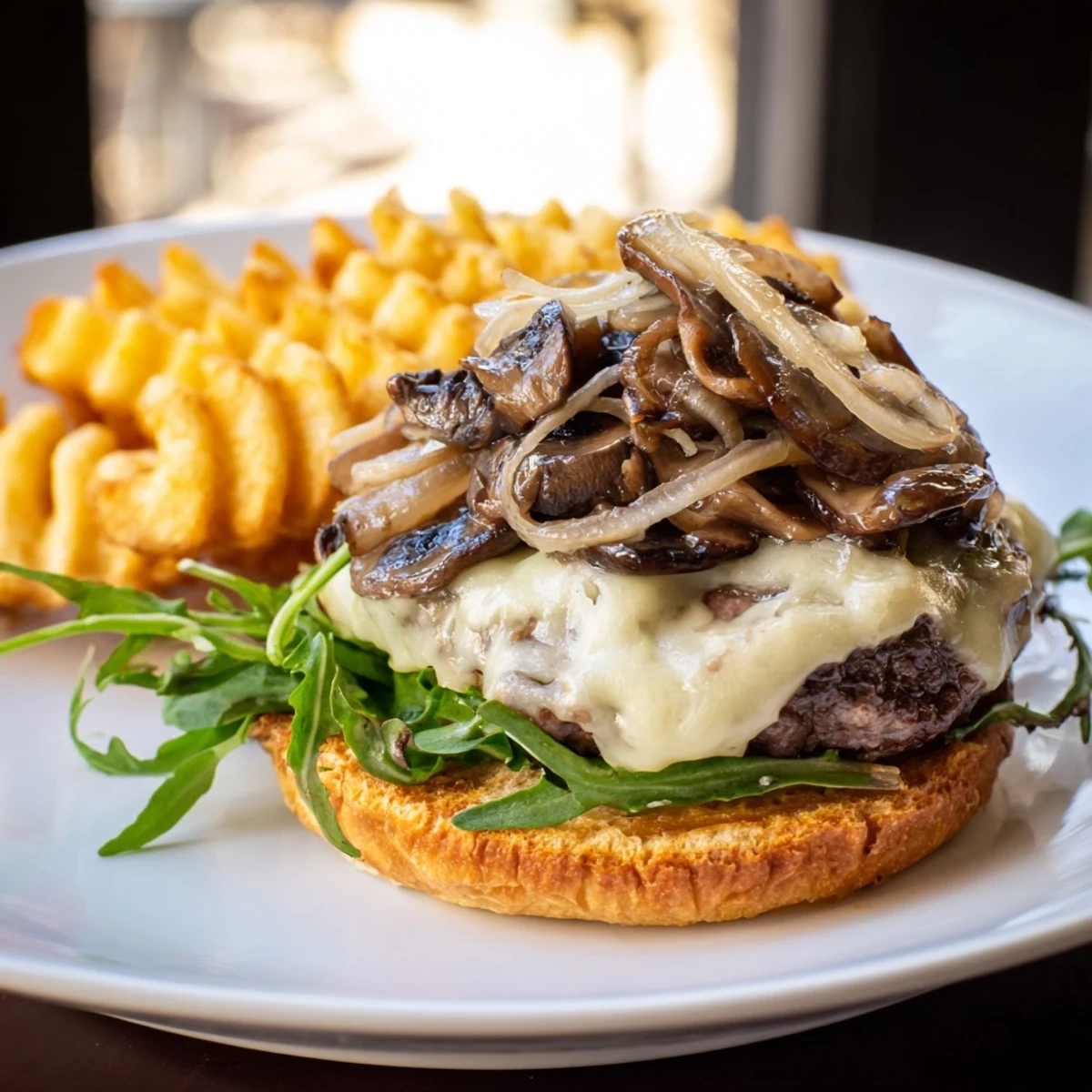 A delicious Mushroom Swiss Burger, perfectly stacked with melted cheese and sautéed mushrooms.