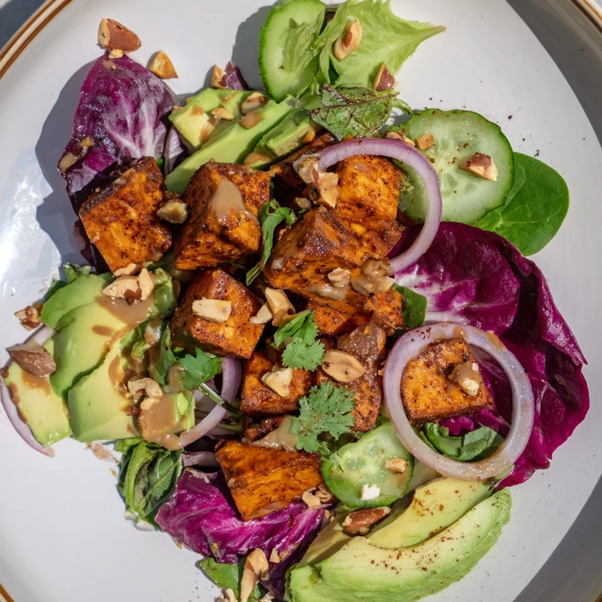 Warm, spiced sweet potato and radicchio salad bowl, drizzled with peanut dressing, ready to eat.