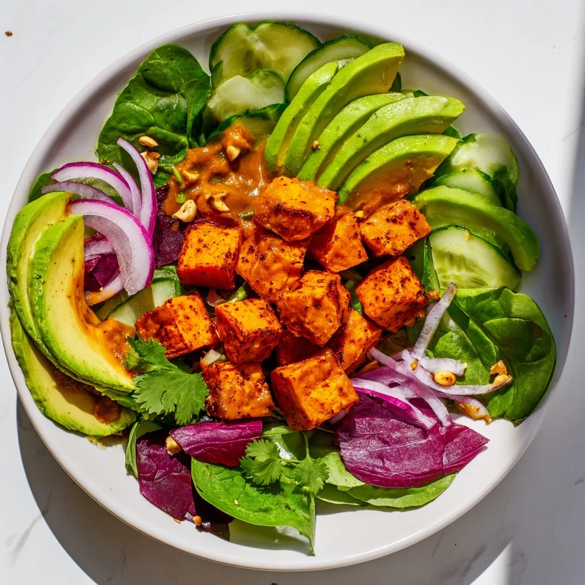 A close-up of a colorful Spiced Peanut Sweet Potato & Radicchio Salad Bowl, showcasing vibrant ingredients.