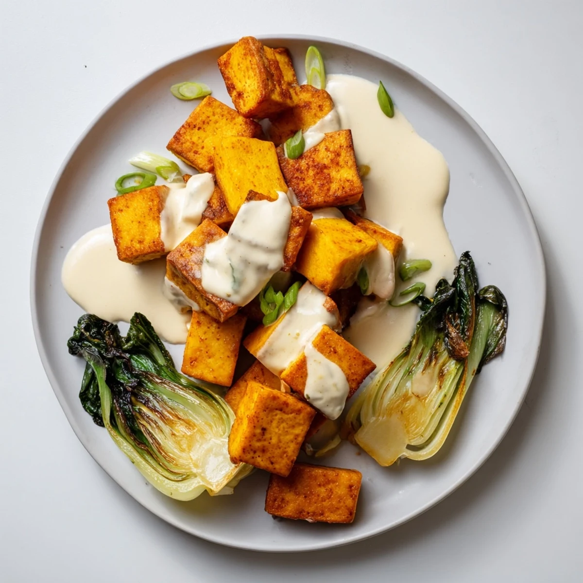 Miso-Glazed Tofu & Winter Squash: golden, caramelized tofu & tender squash with a glossy miso glaze, garnished finely.