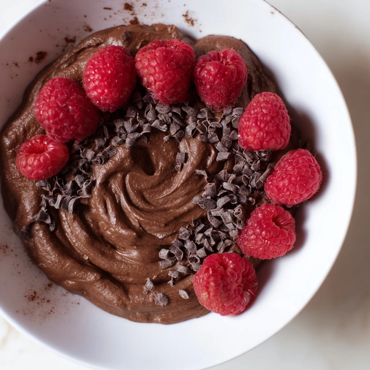 Creamy avocado chocolate mousse topped with vibrant red raspberries, a delicious dessert.