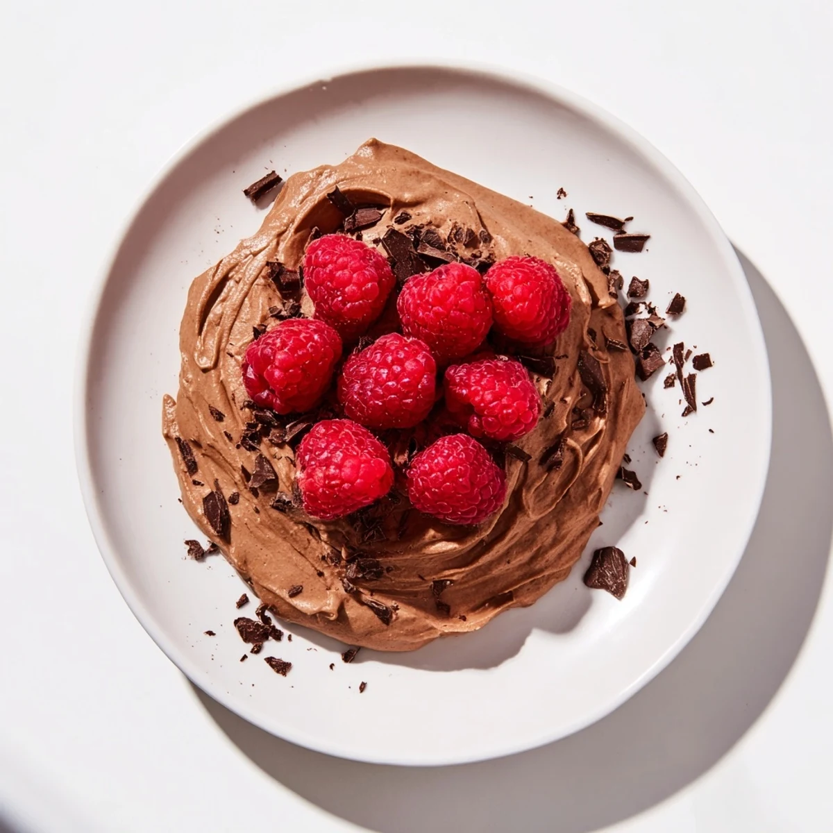 Silky-smooth avocado chocolate mousse swirled with cocoa, raspberries adding a sweet burst.