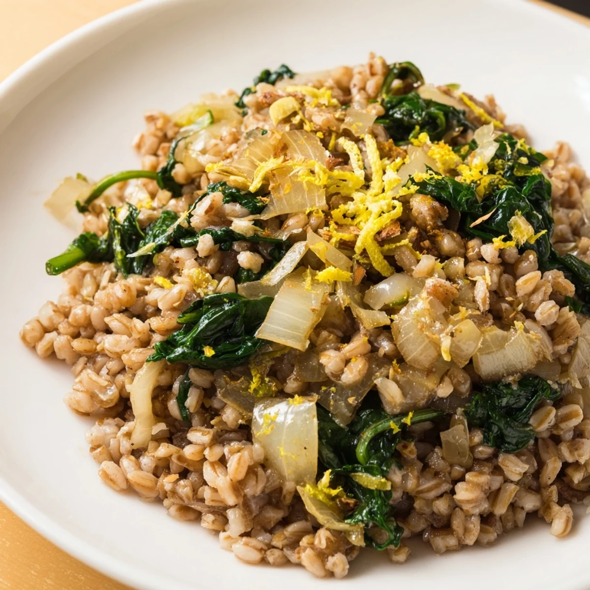 Enjoy a spoonful of the flavorful warm farro & greens pilaf with fresh parsley and crunchy almonds.