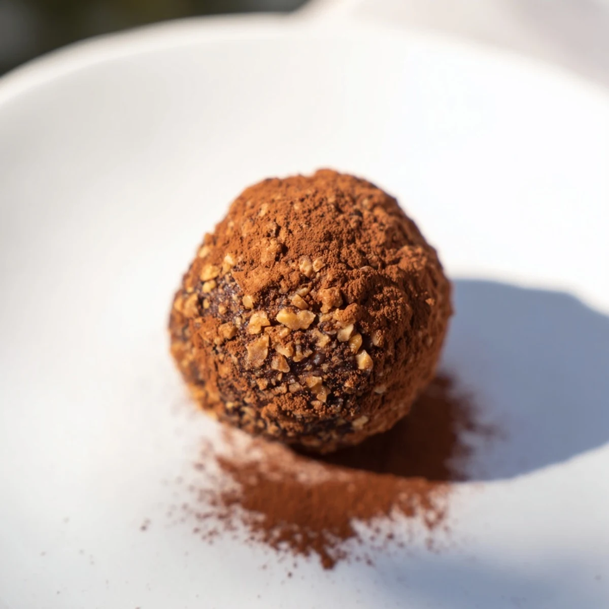 Close-up of Date & Walnut Truffles: a delicious vegan dessert, perfectly rolled and dusted.