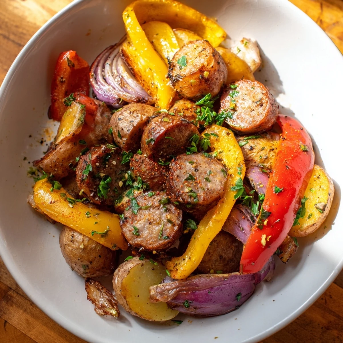 Sheet-Pan Sausage with Peppers showcases golden roasted potatoes mingling with colorful bell peppers.