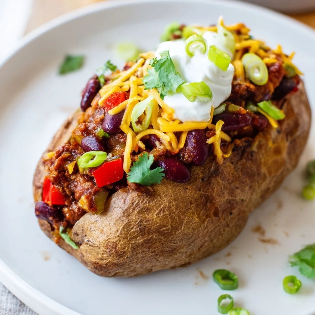 Steaming Chili-Style Baked Potatoes, loaded with a rich bean chili and fresh cilantro, look delicious.