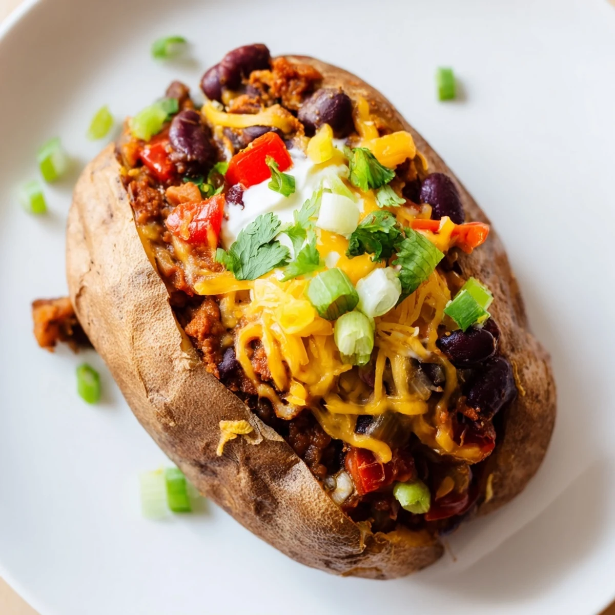 Golden, baked russet potatoes smothered with flavorful chili, creating comforting Chili-Style Baked Potatoes.