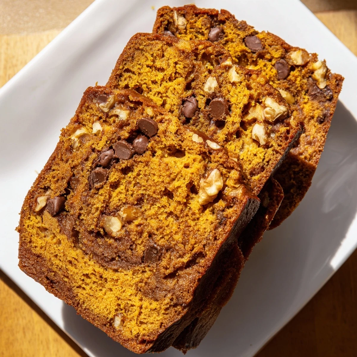 Golden and moist pumpkin bread fresh from the oven, served with a dusting of powdered sugar.
