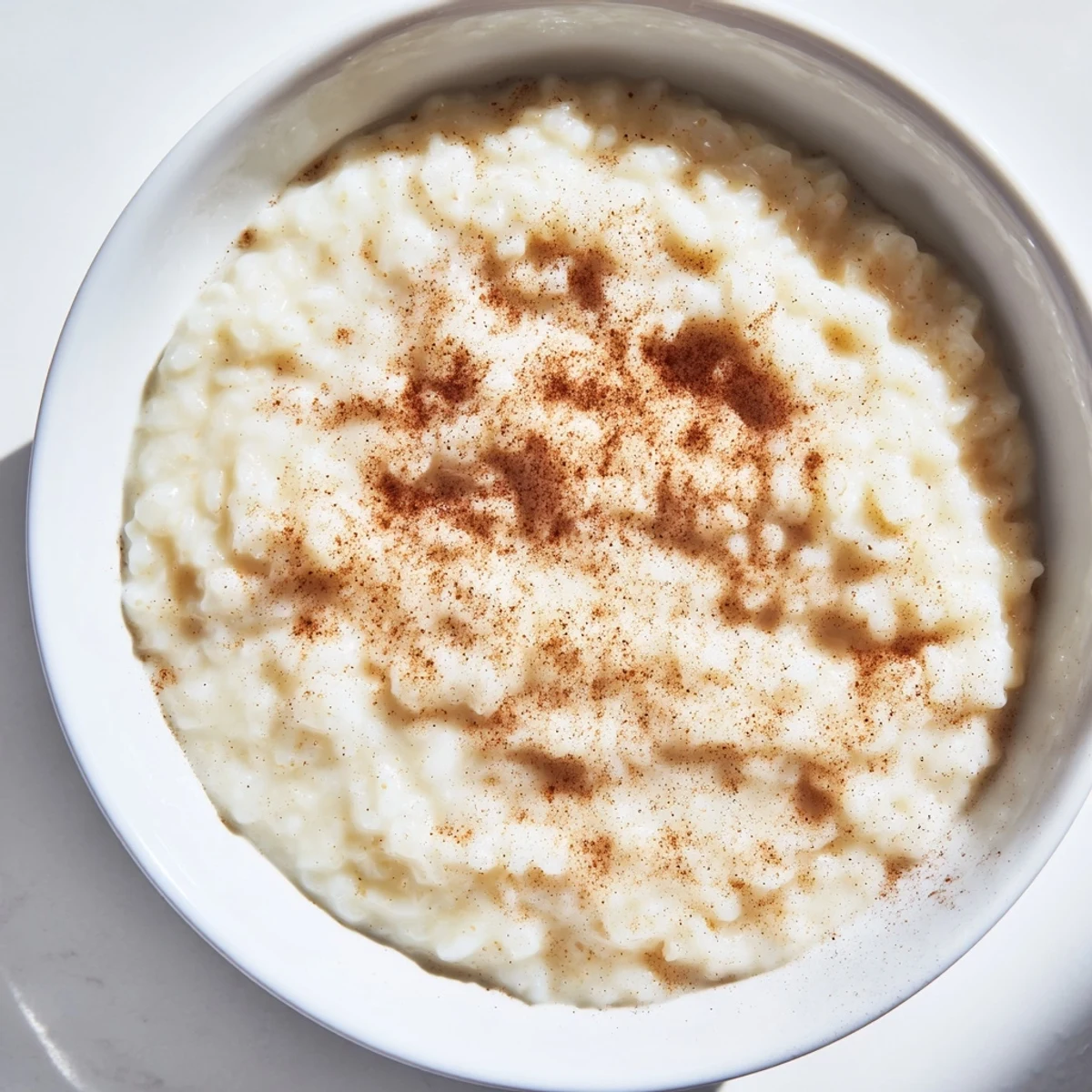 A warm bowl of Rice Pudding with Leftover Rice, dusted with cinnamon, ready to eat.