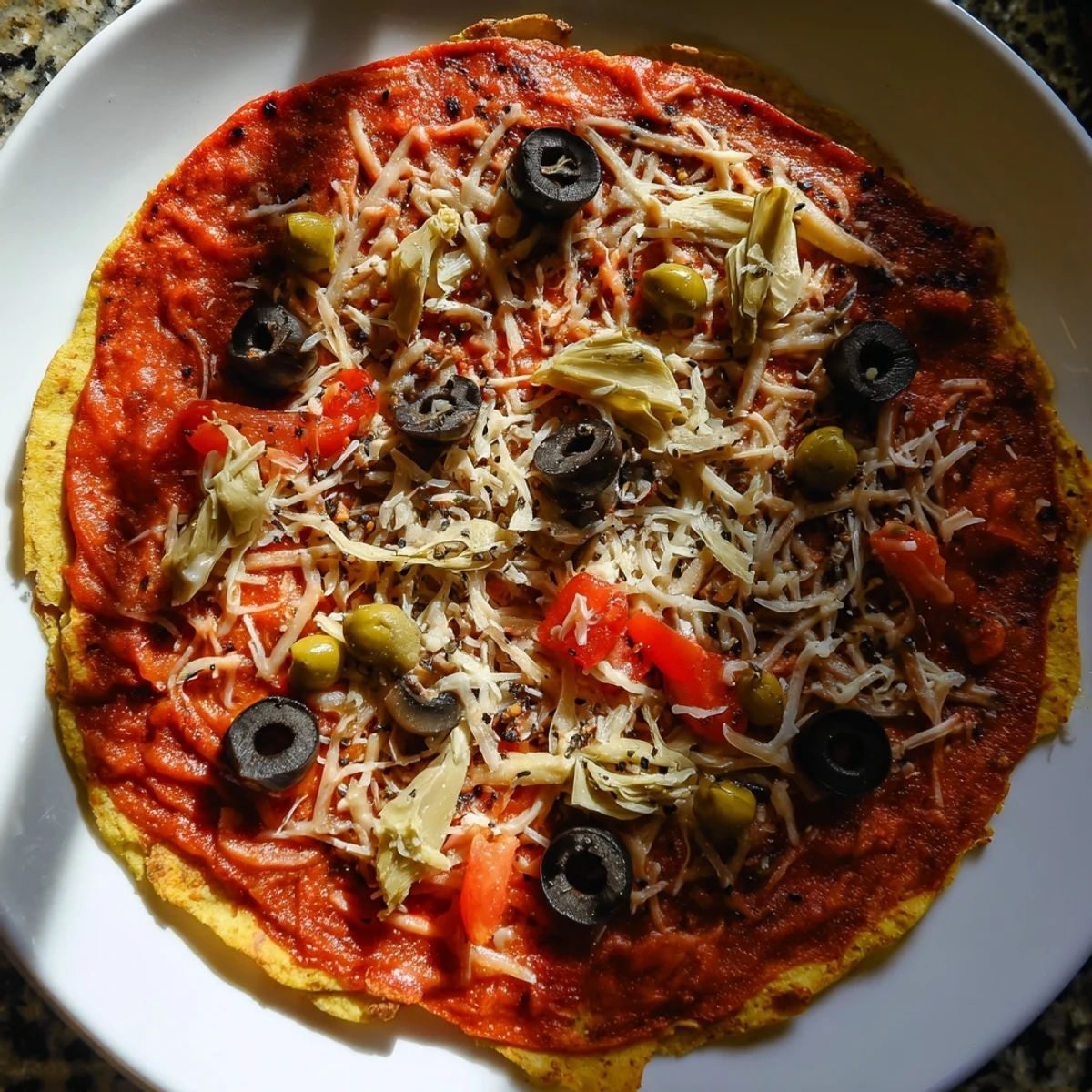 Crispy tortilla pizza, topped with melted cheese and olives, ready to enjoy for a quick dinner.