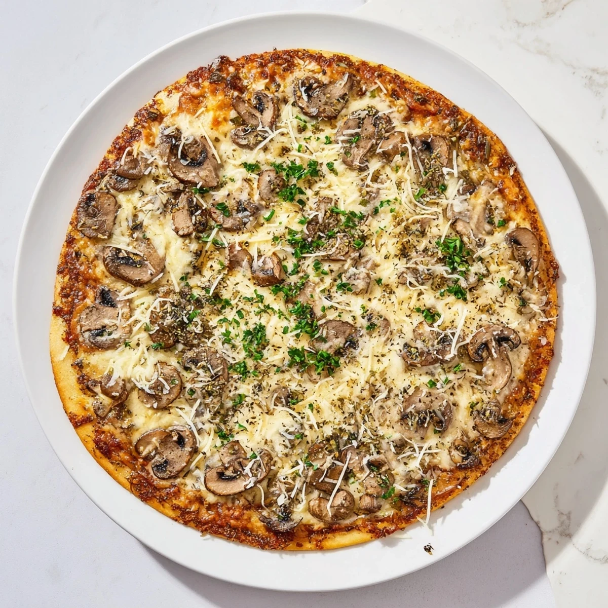 Close-up of a perfectly baked, upgraded frozen pizza with herbs and cheese.