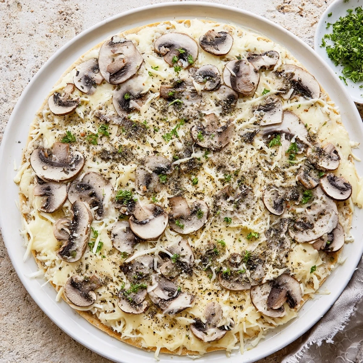 Savory canned mushrooms and extra cheese topping a bubbling frozen pizza.
