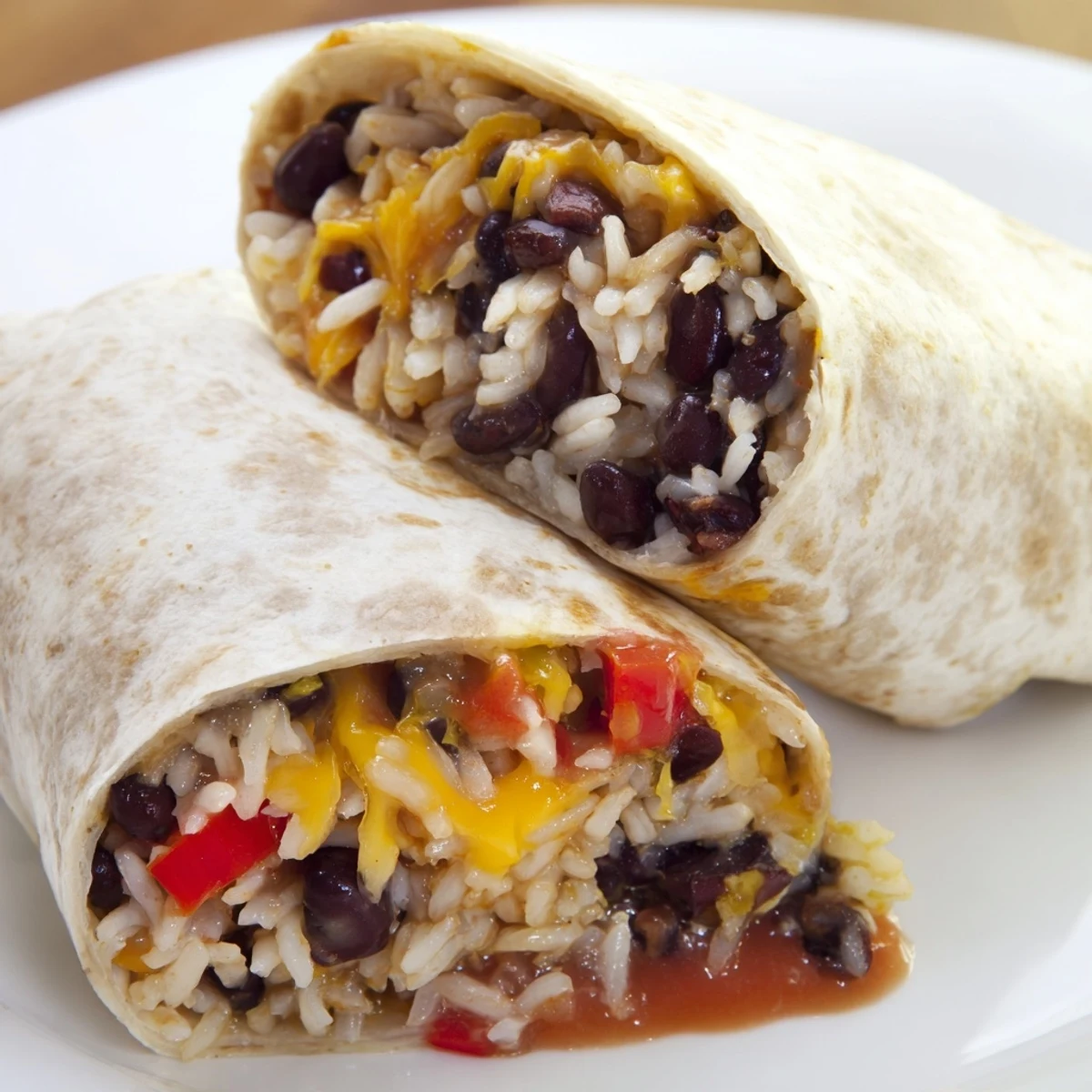 A close-up shot of a perfectly rolled Freezer-Friendly Burrito, packed with colorful, seasoned fillings.