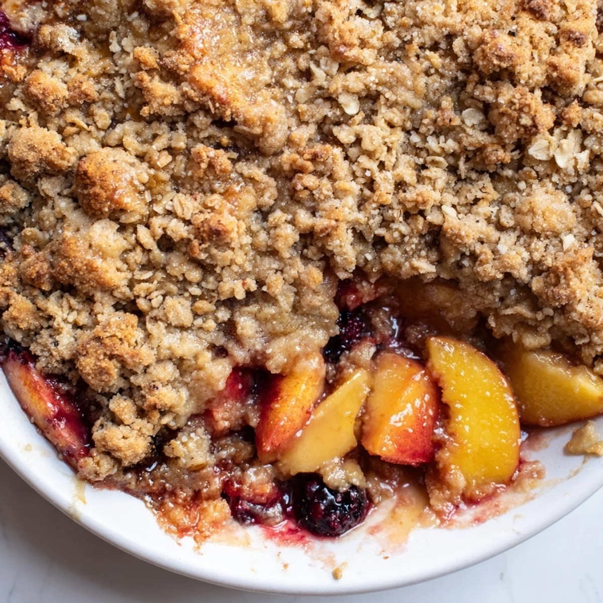 Golden-brown Fruit Crisp with frozen berries bubbling, ready for serving with vanilla ice cream.