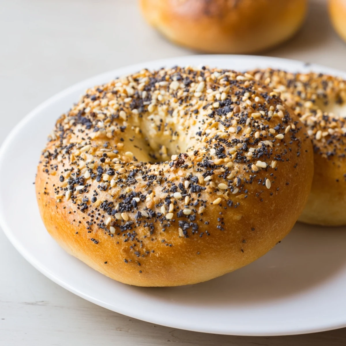 Freshly baked homemade budget bagels, golden brown, ready to be sliced, and served with a topping.
