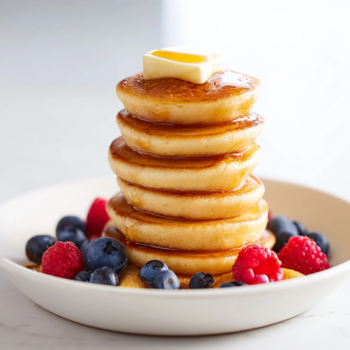 Close-up of golden-brown Pancake Cereal, invitingly topped with melted butter and ready to eat.
