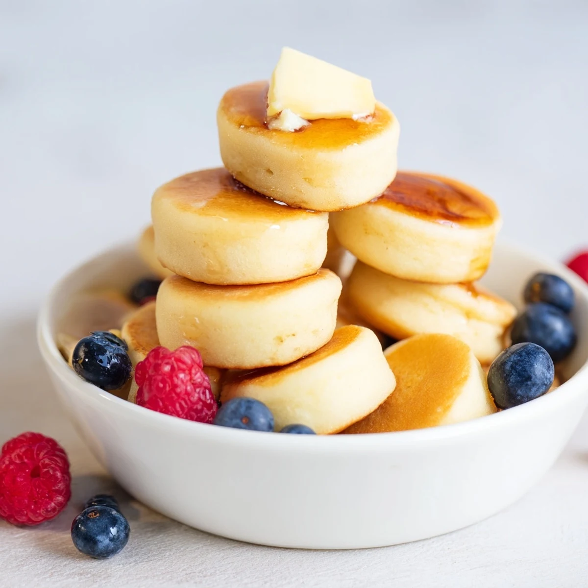 Miniature, perfectly cooked Pancake Cereal spilling from a bowl, ready for a delicious breakfast.