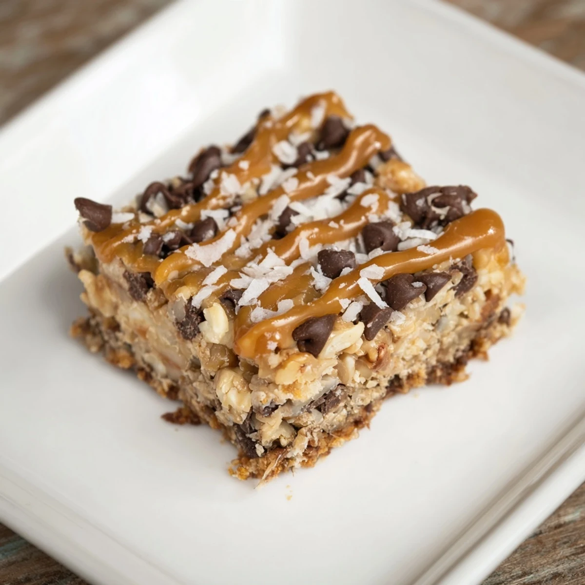 A close-up of a pan of golden-brown 7-Layer Magic Bars topped with a creamy salted caramel.