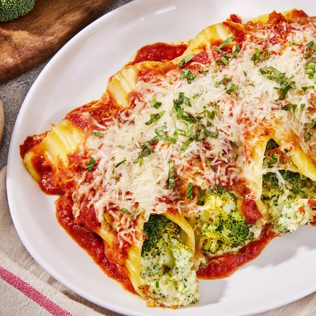 A close-up of cheesy, Cozy Broccoli Stuffed Manicotti, perfect with a side salad for a complete vegetarian meal.