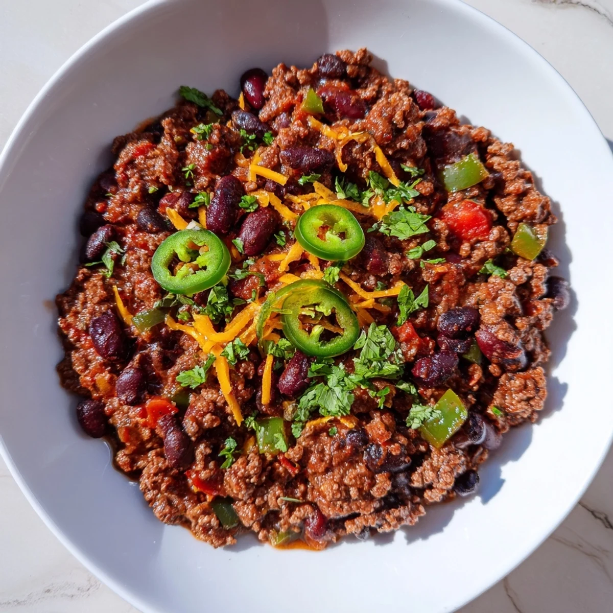 Steaming bowl of quick chili with canned beans, topped with fresh cilantro and a dollop of sour cream.