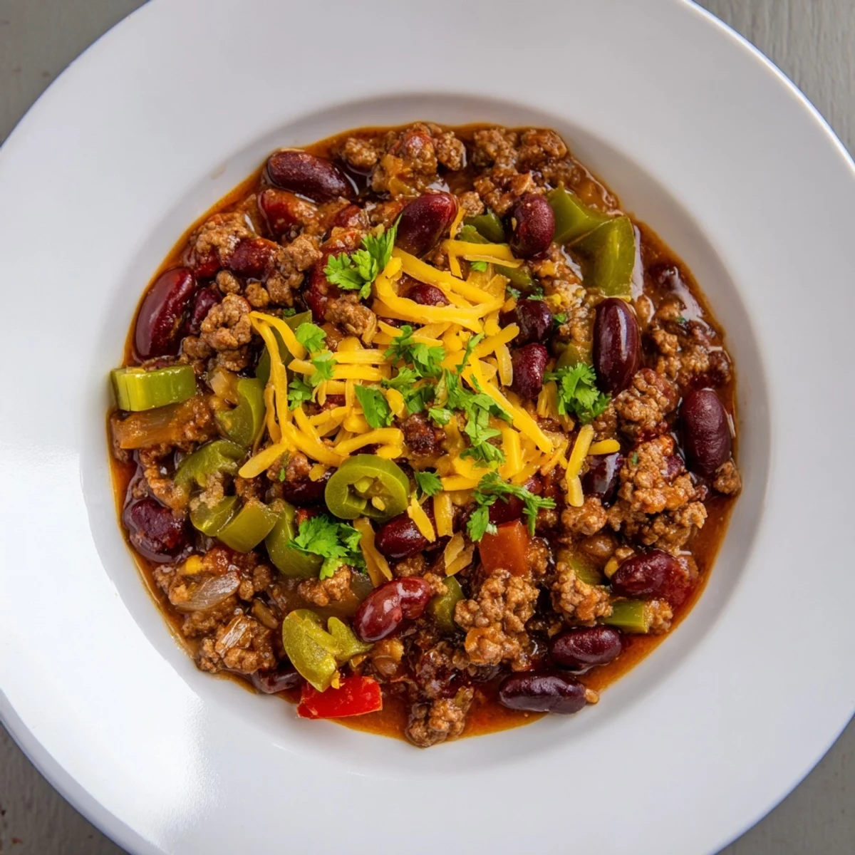 A close-up shot of a savory pot of quick chili with canned beans, ready to be served.