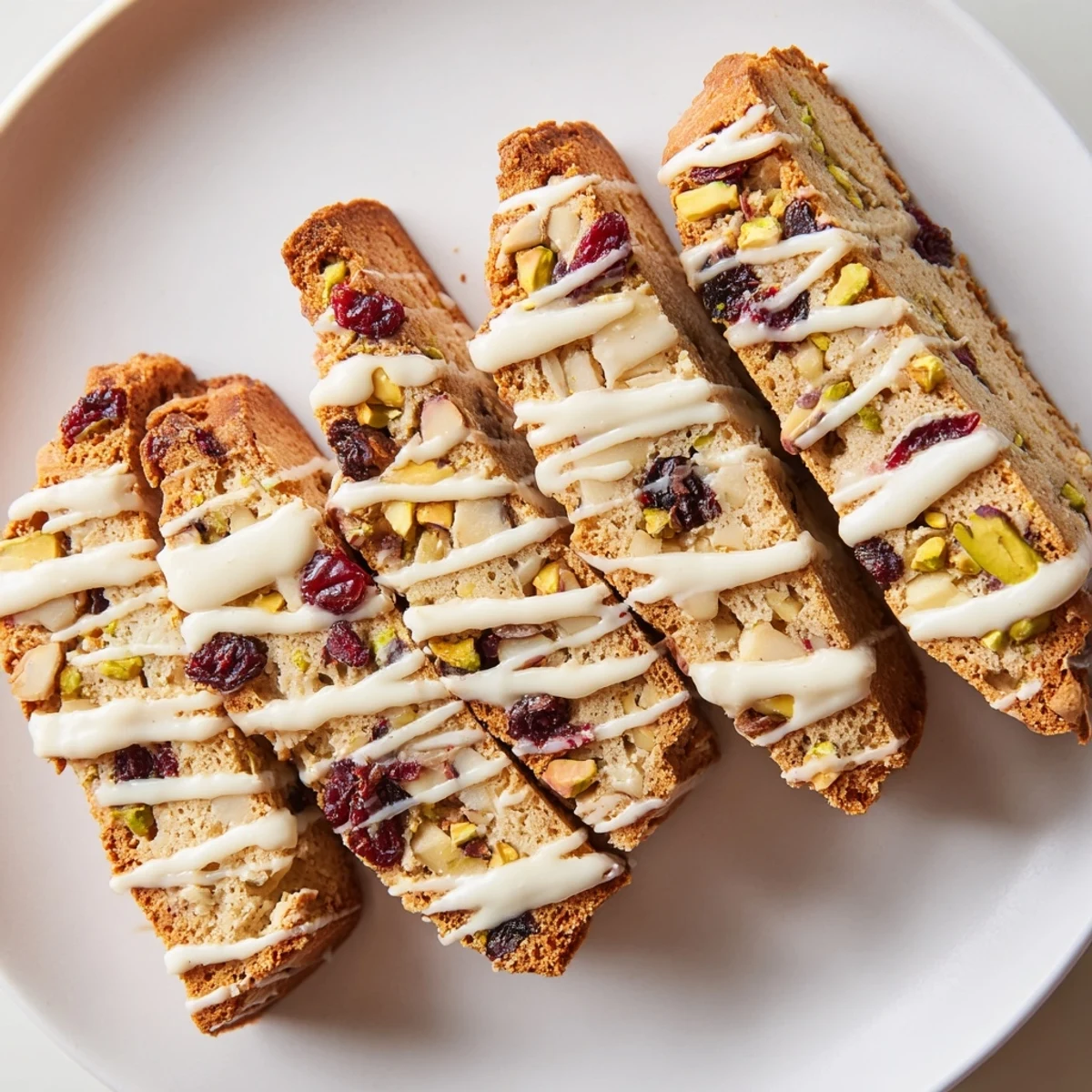White Chocolate Cranberry Pistachio Biscotti, golden brown and crisp, ready to enjoy with a cup of coffee.
