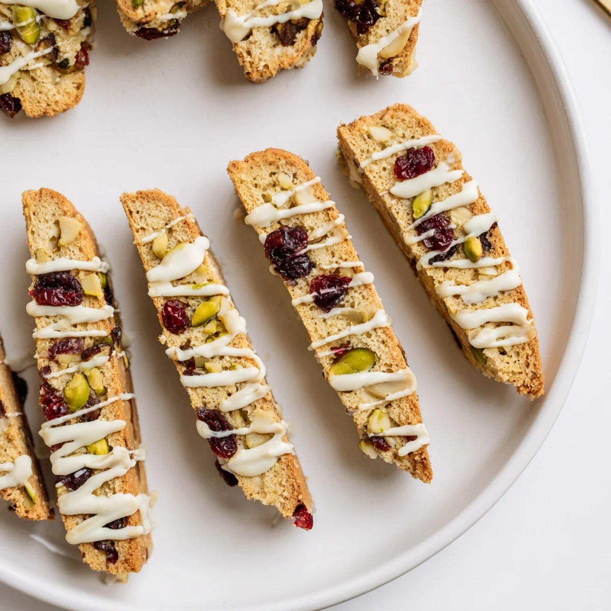 A close-up of White Chocolate Cranberry Pistachio Biscotti, showcasing tart cranberries and crunchy pistachios in every bite.
