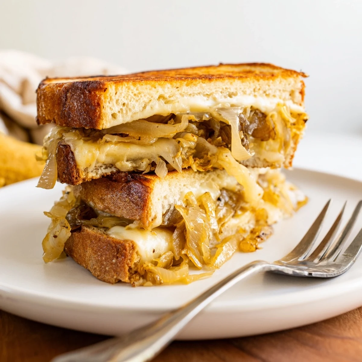 Mouthwatering French Onion Grilled Cheese, featuring toasted sourdough with rich, caramelized onions inside.