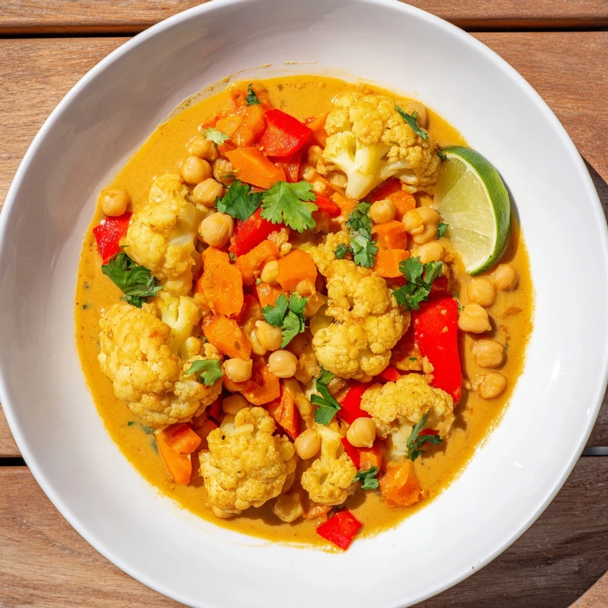 Steaming hot, aromatic curried cauliflower and chickpea coconut stew served with fresh cilantro and lime.