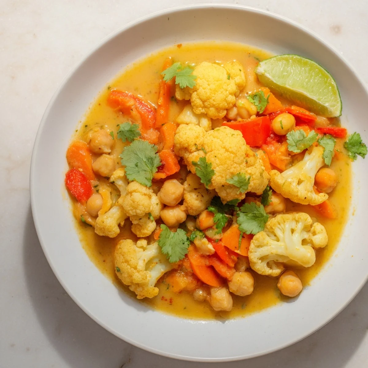 Earthy, complex flavors of curried cauliflower and chickpea coconut stew with hints of spice.