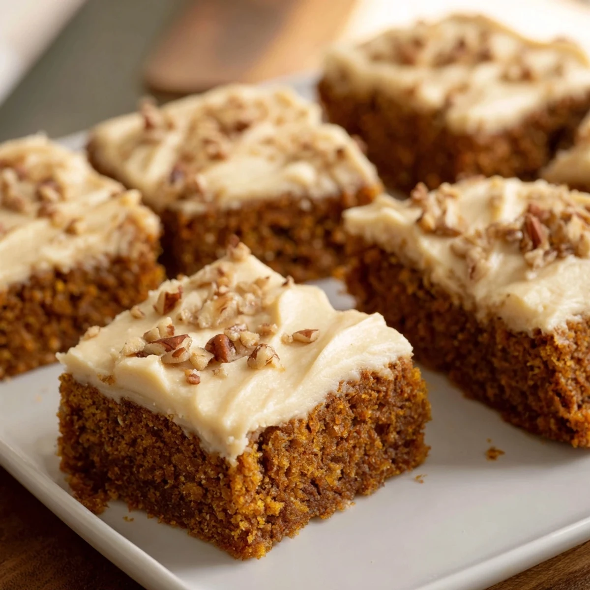 Warmly spiced pumpkin bars with creamy brown sugar frosting, a delicious fall treat.