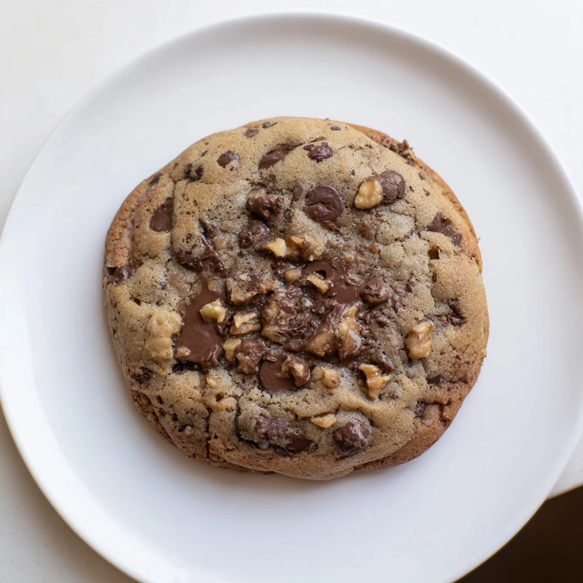 Golden-brown chewy protein chocolate chip cookies, baked fresh, promising a satisfyingly sweet treat.