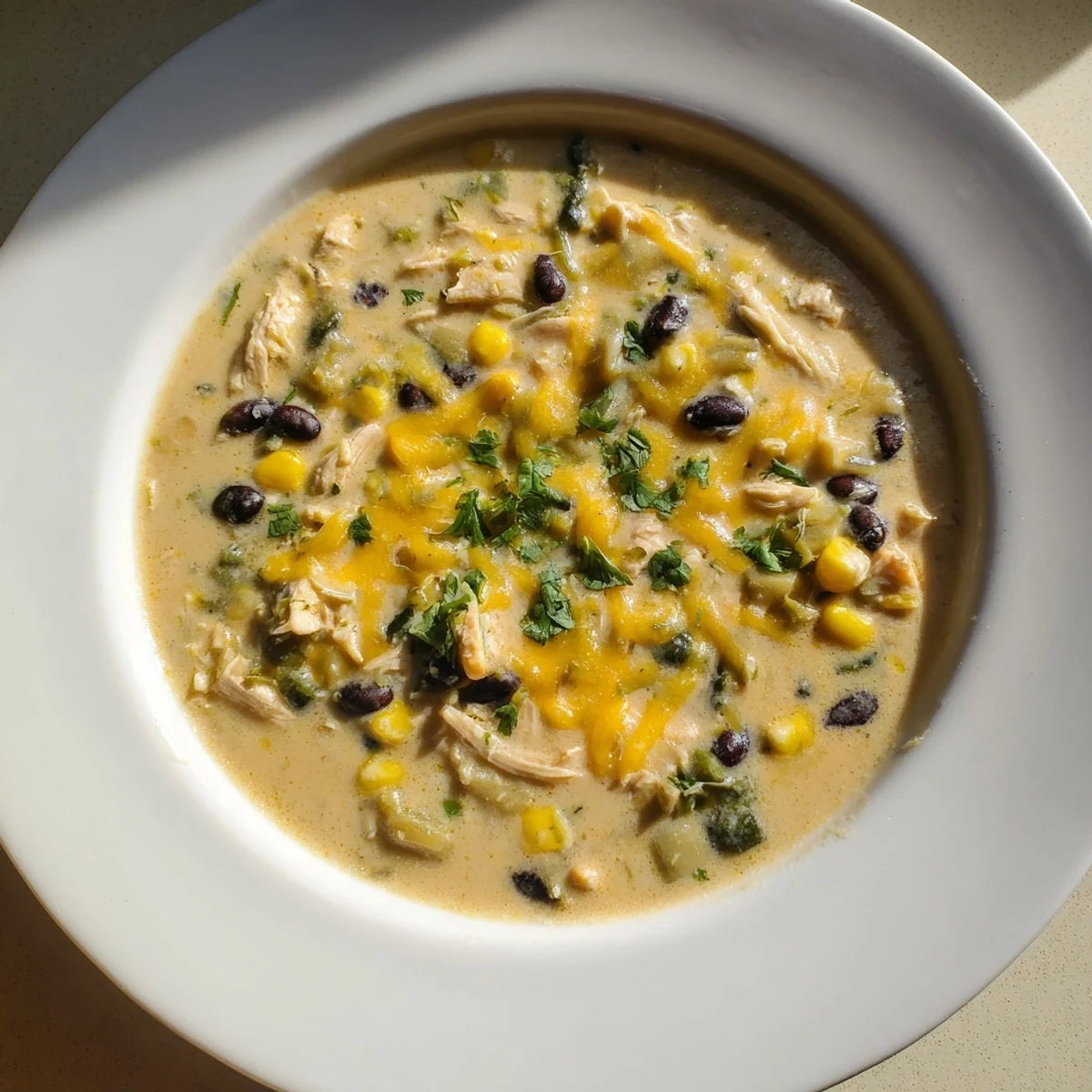 A close-up shot of rich and flavorful Chicken Poblano Soup, ideal for a cozy, weeknight dinner.