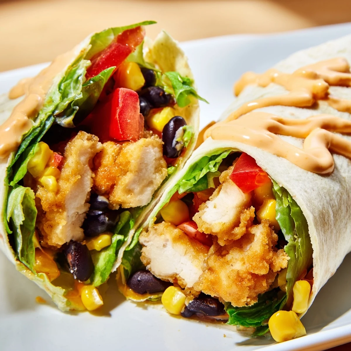 A delicious close-up of a fully-loaded Southwest chicken wrap, ready to enjoy for lunch.